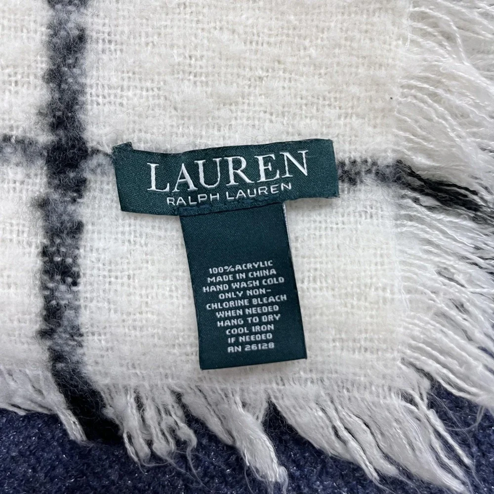 Lauren Ralph Lauren Scarf Womens White Black Windowpane Plaid Fringe Wrap Shawl‎
